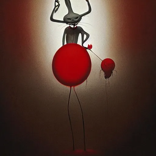 Prompt: painting of bugs bunny with a wide smile and a red balloon by Zdzisław Beksiński, loony toons style, pennywise style, corpse bride style, creepy lighting, horror theme, detailed, elegant, intricate, conceptual, volumetric light