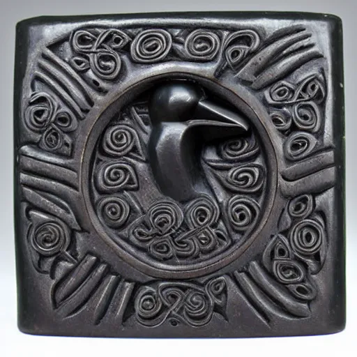 Image similar to sculpture of a black crow on a socket with celtic carvings