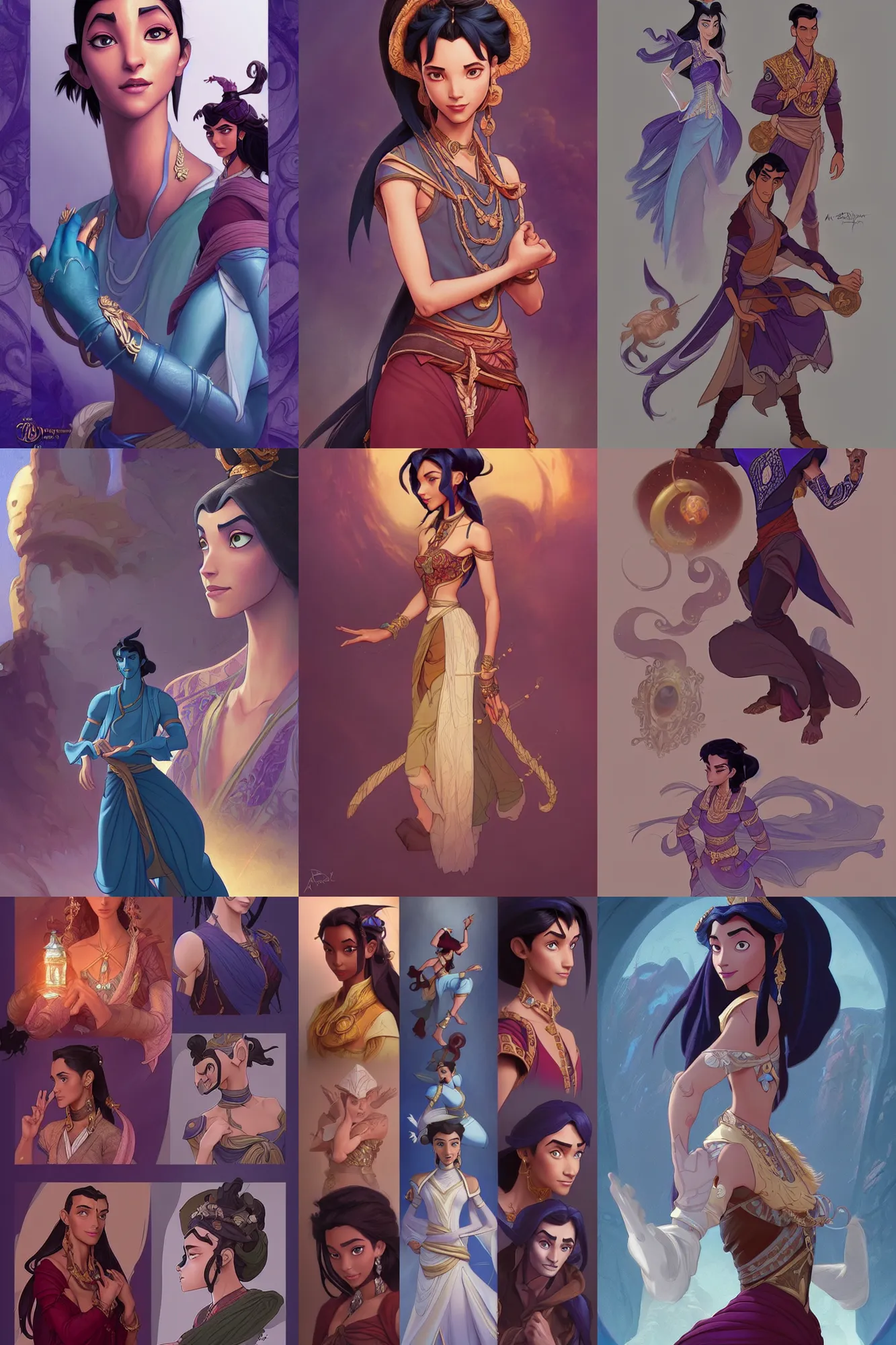 Prompt: fashion and character design spot illustrations from avatar combined with disney's aladdin, d & d, fantasy, intricate, elegant, highly detailed, digital painting, artstation, concept art, matte, sharp focus, illustration, hearthstone, art by artgerm and greg rutkowski and alphonse mucha