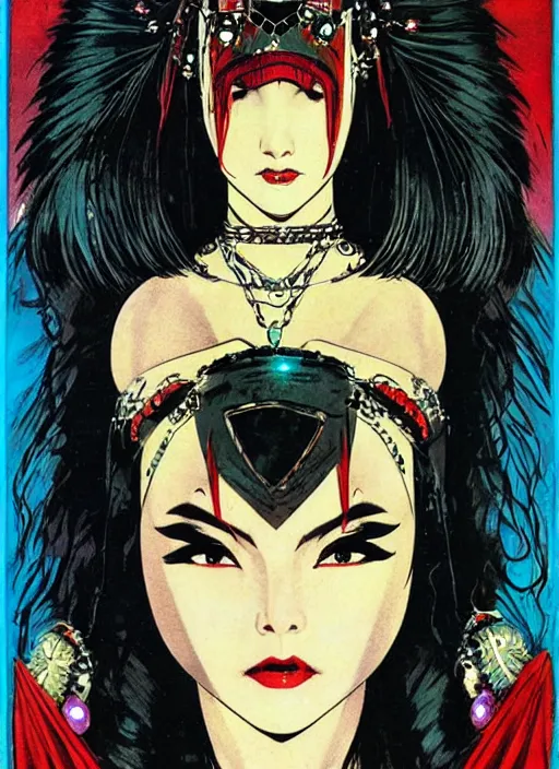 Image similar to mighty female korean vampiress, jeweled headdress, heavy mascara, strong line, saturated color, beautiful! coherent! by frank frazetta, high contrast, minimalism