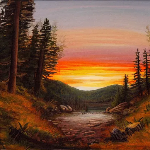 Prompt: a painting of a sunset with a forest on the left, a crystalline stream in the center with rocks and a wood cabin on the right