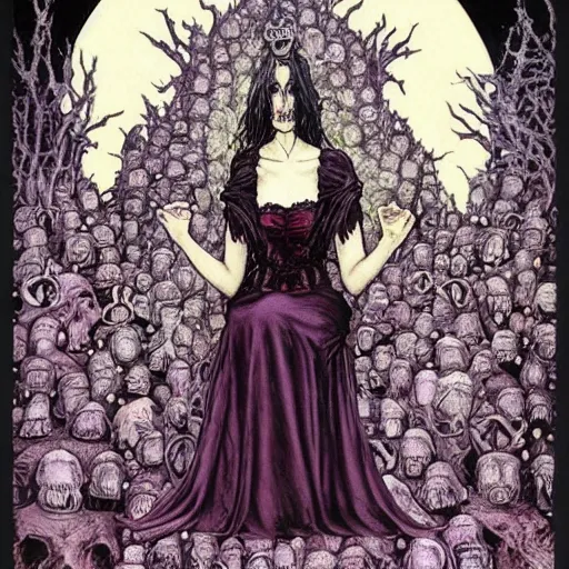 Image similar to the gothic wiccan beautiful queen witch occult woman sitting atop her throne made of skulls by gerald brom by anna steinbauer by kelly mckernan by edward gorey, trending on artstation