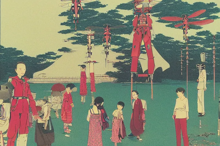 Image similar to gigantic dragonflies with human faces catch tiny robots, a lot of exotic mechas robots around, human heads everywhere, risograph by kawase hasui, edward hopper, satoshi kon and moebius, no text!, colorful flat surreal design, super - detailed, a lot of tiny details, fullshot