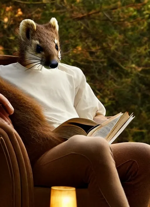 Prompt: A beautiful scene from a 2022 fantasy film featuring a humanoid pine marten in loose clothing reading on a couch. An anthropomorphic pine marten wearing a white shirt. Golden hour.