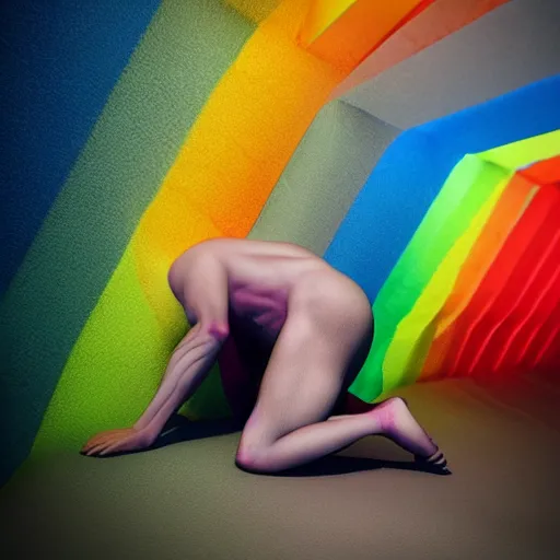 Image similar to beautiful albino model puking rainbows, unral engine octane, colorful, darkart