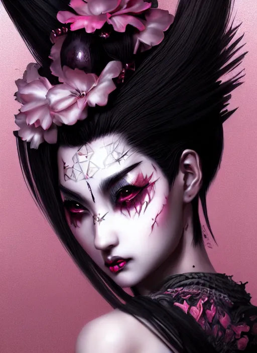 Image similar to soft lustrous ebony geisha seductive raver yakuza gothic gutter punk, urban decay dark fantasy, dark art, highly detailed, digital painting, octane render, artstation, concept art, smooth, sharp focus, illustration, art by artgerm, loish, wlop