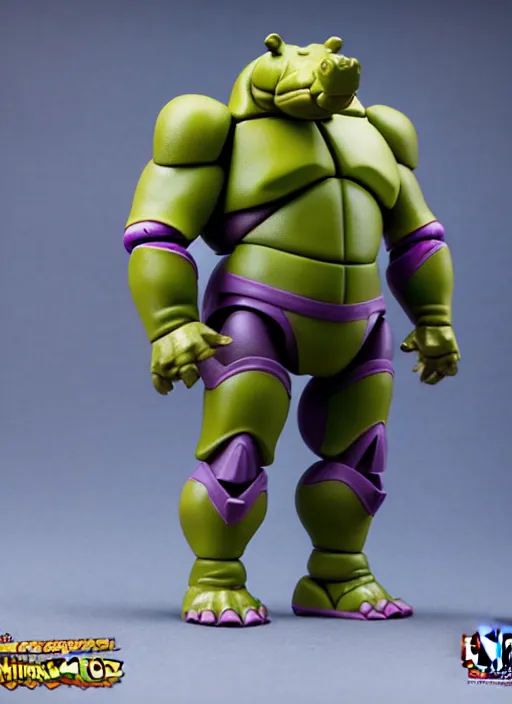 Prompt: Anthropmorphic hippo knight action figure from Transformers: Kingdom, TMNT, symmetrical details, by Hasbro, Playmates Toys, Don Bluth, tfwiki.net photography, product photography, official media