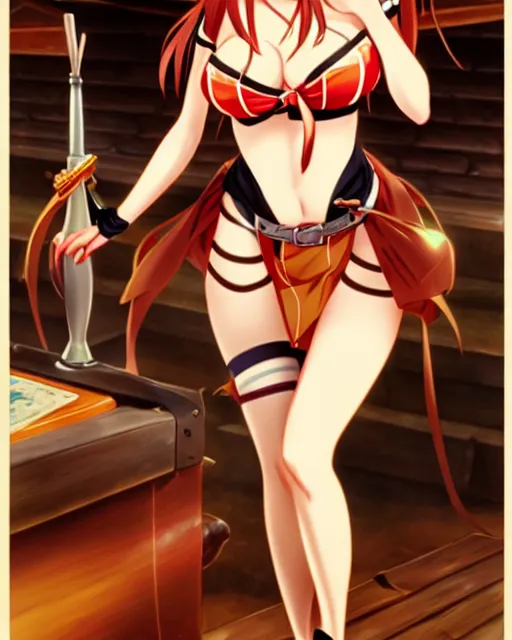 Prompt: pinup photo of asuna from sao in the crowded tavern, hot asuna by a - 1 pictures, gil elvgren, james jean, enoch bolles, glossy skin, pearlescent, anime, very coherent, sao style anime, flat