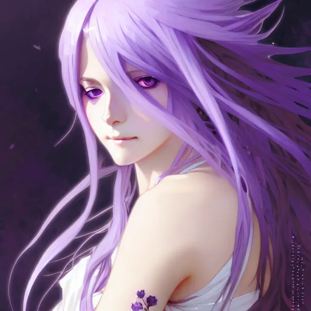 Image similar to anime girl with flowing lavender hair, purple eyes and white dress, black jewellery, digital artwork, very beautiful face, pretty smile, extremely detailed art by greg rutkowski and alphonse mucha