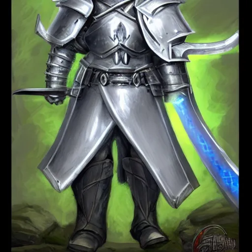 Prompt: A portrait of an Aasimar Paladin with glowing blue eyes, pale grey skin, silver full beard, and silver hair. He has a longsword and wears full plate armor covered in moss. Epic Dungeons and Dragons fantasy art.