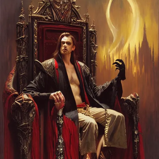 Image similar to perfectly centered portrait of attractive vampire king in a robe sitting on a throne of bones, highly detailed painting by gaston bussiere, craig mullins, j. c. leyendecker, 8 k