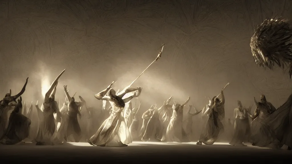 Image similar to tyrkisk sufi dance, sufi, arabic words, bysintine, gothic, 4 k, smokey, michael whelan, peter mohrbache, giovanni paolo panini style epic, volumetric light, insanely detailed, unreal engine render, artstation trends, hyper detail, epic art style, cinematic, concept art, soft white gold lights