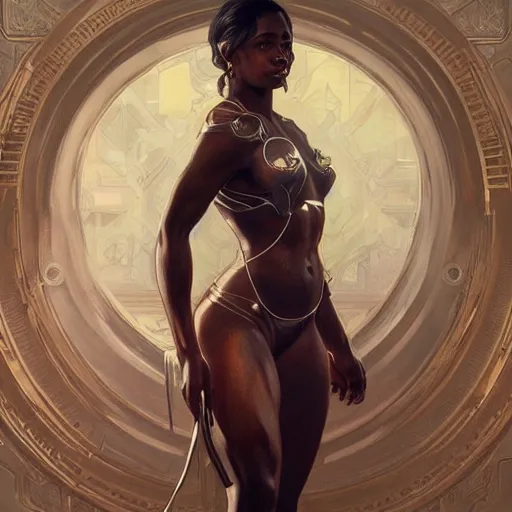 Image similar to full figure ultra realistic illustration, okoye, intricate, elegant, highly detailed, digital painting, artstation, concept art, smooth, sharp focus, illustration, art by artgerm and greg rutkowski and alphonse mucha