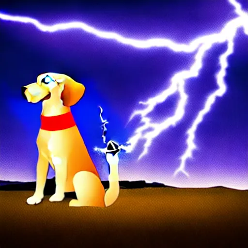 Image similar to a canine thor holding thor's hammer in its paw, dramatic lightning background, flying