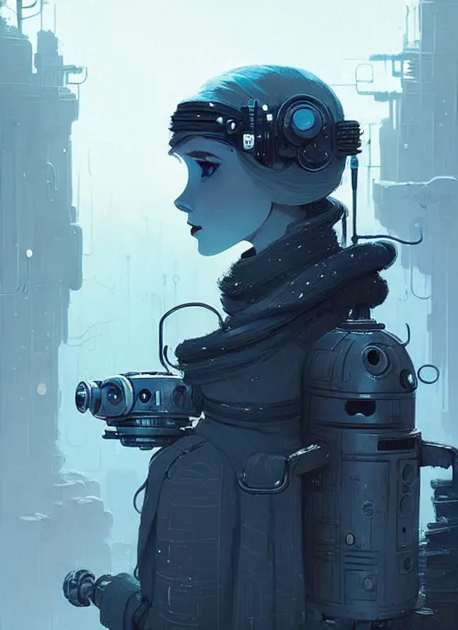 Image similar to highly detailed portrait of a moody frostpunk long blonde hair lady with droid companion, stray wiring by atey ghailan, james gilleard, by joe fenton, by greg rutkowski, by greg tocchini, by kaethe butcher, 4 k resolution, gradient blue, black and white color scheme!!! ( ( glaciated dystopian city background ) )