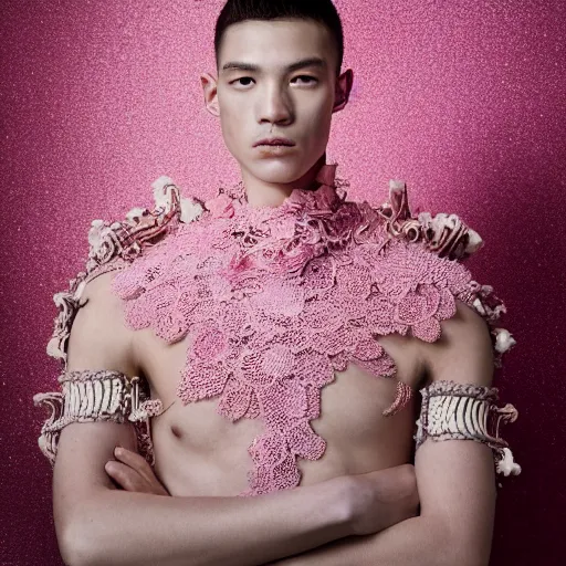 Image similar to a portrait of a beautiful young male wearing an alexander mcqueen armor made of pink lace , photographed by andrew thomas huang, artistic