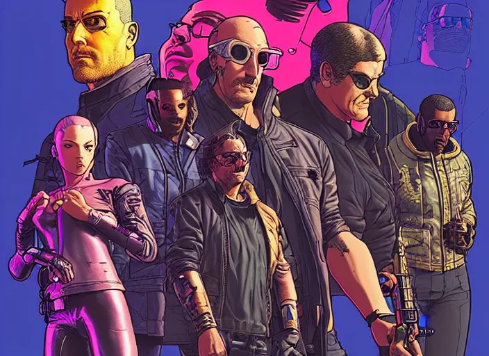 Prompt: cyberpunk heist team. portrait by stonehouse and mœbius and will eisner and gil elvgren and pixar. character design. realistic proportions. cyberpunk 2 0 7 7 character art, blade runner 2 0 4 9 concept art. cel shading. attractive face. thick lines. the team. diverse characters. shadowrun.