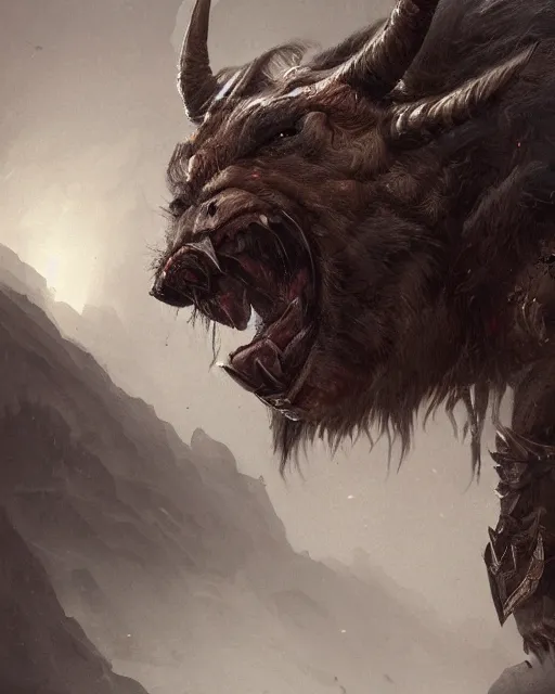 Image similar to A minotaur as a wolf, terrifying face, highly detailed face, close-up, fantasy art, monster art, in the style of greg rutkowski, illustration, epic, fantasy, intricate, hyper detailed, artstation, concept art, smooth, sharp focus, ray tracing