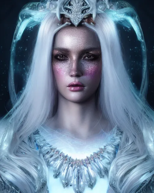 Image similar to beauteous sumptuous dark empress with incredible iridescent pearlescent voluminous hair, photo - realistic crystalline masterpiece incrustations, hyperdetailed kind face, elegant pose, movie still, cinematic forest lighting, intricate accuracy, octane render, cgsociety, artgerm, unreal engine, crepuscular rays, god rays