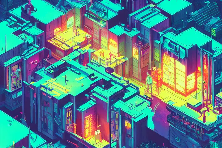 Prompt: isometric intricate flourescent complex wimmelbild illustration of weird dreamworld by greg rutkowski and dan mumford trending on artstation