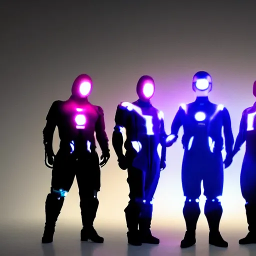 Prompt: team eight armed cybersuit doctors, varied styles, luminous capes, glowing drapes, connecting life, cinematic