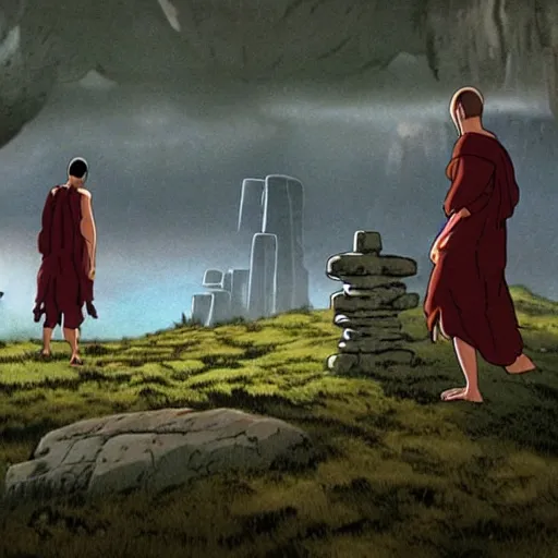 Prompt: movie still from princess mononoke ( 1 9 9 7 ) showing a highly detailed landscape with two monks praying with stonehenge in the background 1 9 8 0 s science fiction, 1 9 7 0 s science fiction, cyberpunk, moody, misty, depth perception, 4 k, artstation