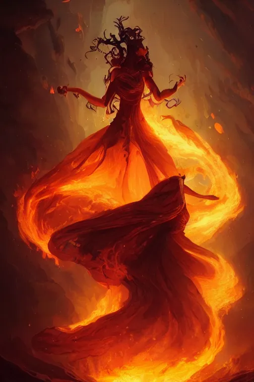 Image similar to beautiful powerful eldritch fire goddess clothed in a flaming gown, volcanic embers, magma, detailed matte fantasy portrait, dynamic lighting, bokeh backdrop, by greg rutkowski, by peter mohrbacher, by brom