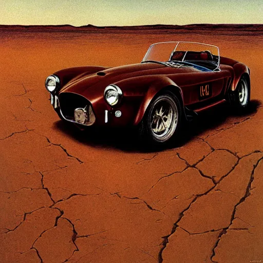 Prompt: closeup of rusty shelby cobra, vine covered, desert, cracked dry lake bed, by Zdzislaw Beksinski, Norman Rockwell, highly detailed, soft lighting, film grain, 8k resolution, oil on canvas