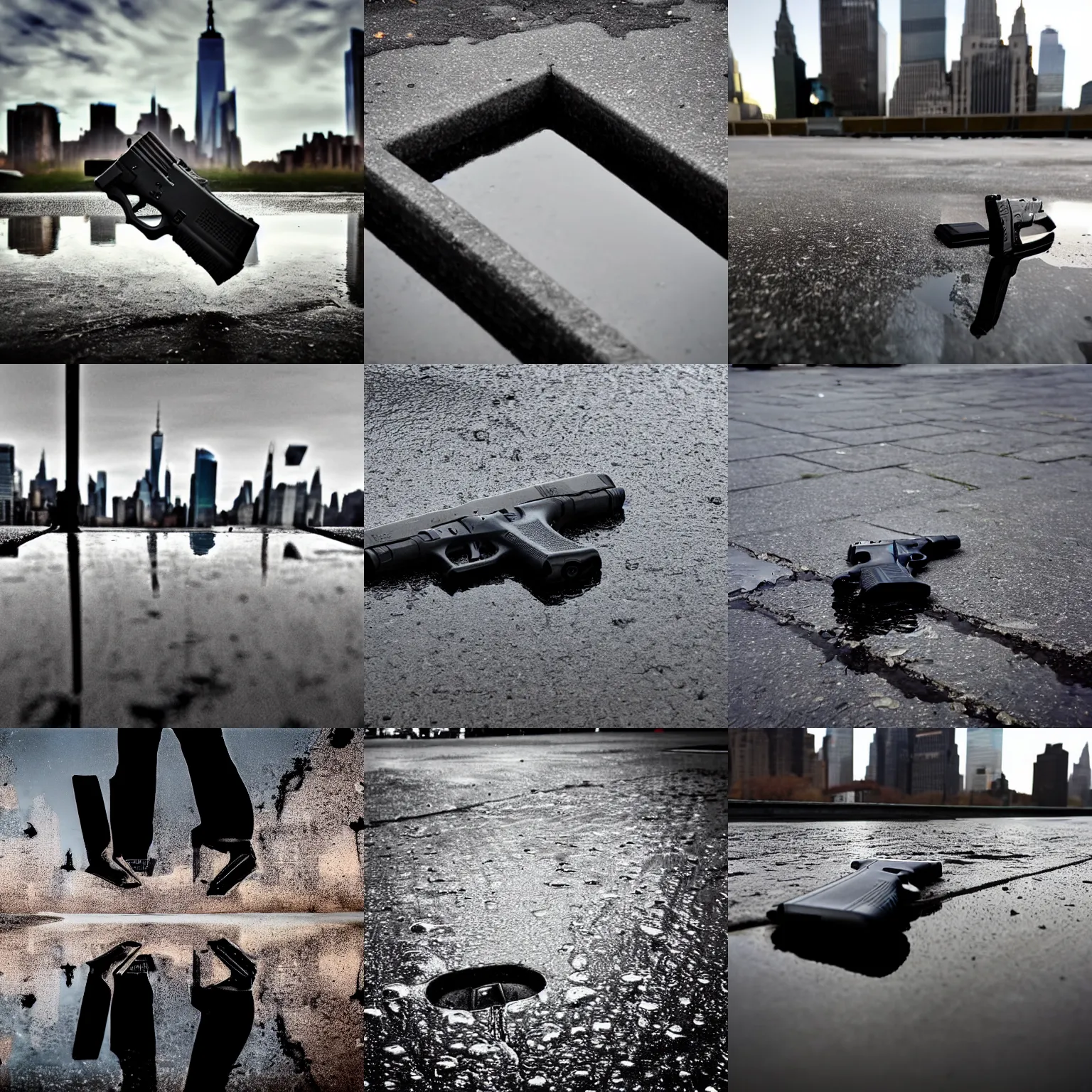 Prompt: low angle shot, glock 1 7 lying in a puddle in front of the new york skyline, reflections, award winning photo, atmospheric, desolate