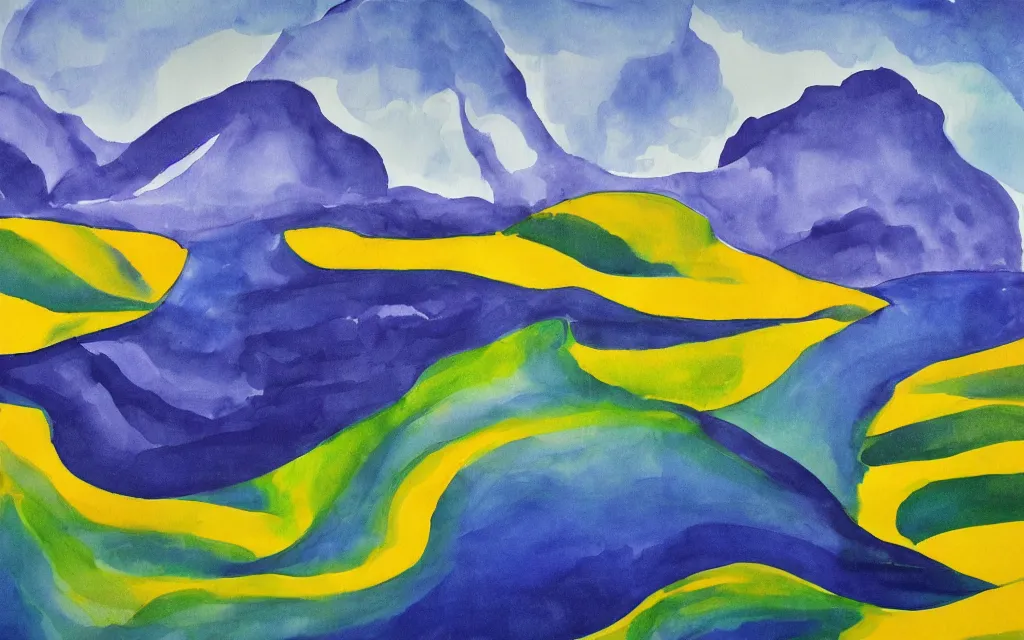 Image similar to the alps and reflection in a lake in the style of georgia o keeffe. colorful, wavy. painting. medium long shot. perspective. color palette of blue, yellow, purple, green. alpenguhen