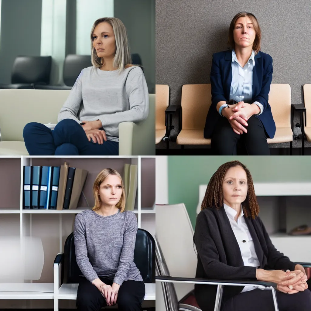 Prompt: photo of a woman sitting in the waiting room of her therapist