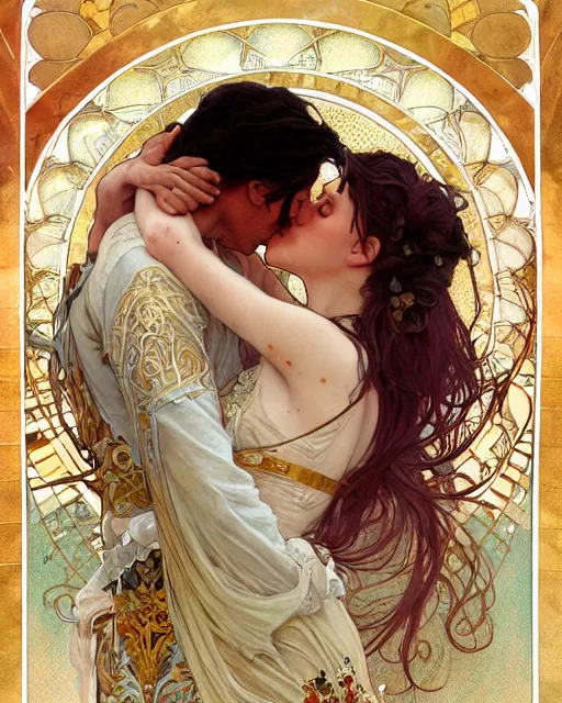 Image similar to the kiss | highly detailed | very intricate | art nouveau | gold filigree | romantic storybook fantasy | soft cinematic lighting | award - winning | watercolor painting by mandy jurgens and alphonse mucha and alena aenami | pastel color palette | featured on artstation