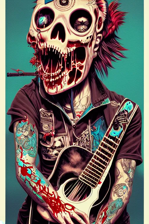 Prompt: zombie punk rocker playing acoustic guitar, tristan eaton, victo ngai, artgerm, rhads, ross draws, intricated details, 3 / 4 view, full body portrait