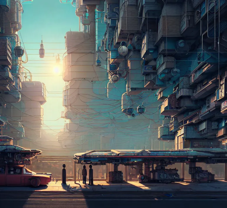 Image similar to hyperrealism photography hyperrealism concept art of highly detailed robotic builders that building highly detailed futuristic ( cyberpunk ) city by wes anderson and hasui kawase and scott listfield sci - fi style hyperrealism rendered in blender and octane render volumetric natural light