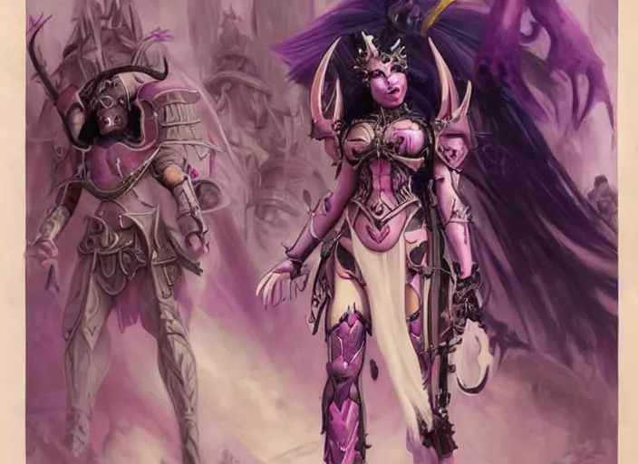 Image similar to Skilled Slaanesh demonette with pink tail and small horns on her head and beautiful long black hair wearing the outfit of slaanesh legions looking at the viewer corrupting an ultramarine space marine, elegant, delicate, powerful, smooth, highly detailed, Artstation, Cgsociety, art by Mark Simonetti and Gil Elvgren and artgerm, mucha, Warhammer illustration, digital art