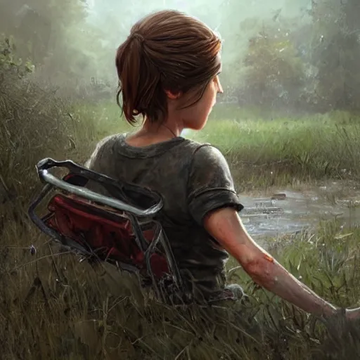 Image similar to portrait of elle from the last of us, riding a tricycle, painted by greg rutkowski, wlop