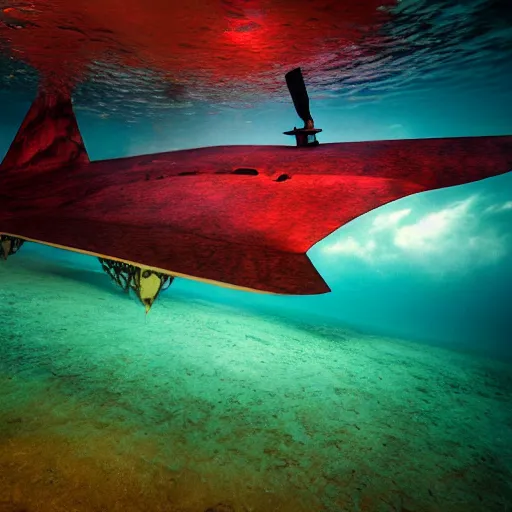 Image similar to dreamlike film photography of a 1880s art nouveau stealth bomber made of wood at night underwater in front of colourful underwater clouds by Kim Keever. In the foreground floats a seasnake. low shutter speed, 35mm