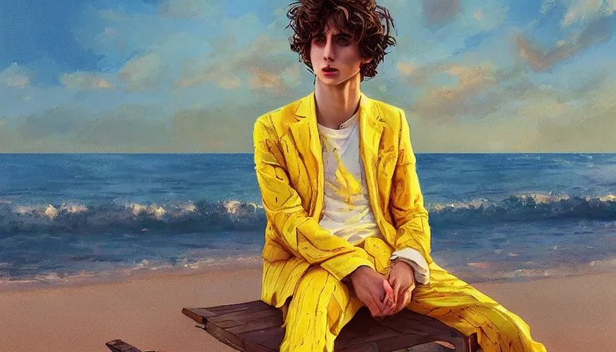 Prompt: :very detailed:masterpiece:digital:Timothee Chalamet:golden suit:featured in artstation+digitally painted by WLOP:yellow+blue+pink:⭐:beach+sunny day-H 1000