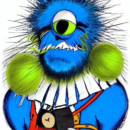 Image similar to a tennis ball monster wearing a scottish kilt, big mustache, scotland blue, digital art, fantasy, magic, chalk, trending on artstation, ultra detailed, professional illustration by basil gogos