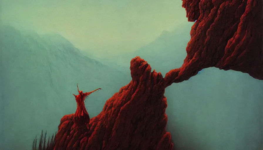 Image similar to landscape artwork of veiled red skeletal angel climbing over a mountain, artwork by zdzislaw beksinski