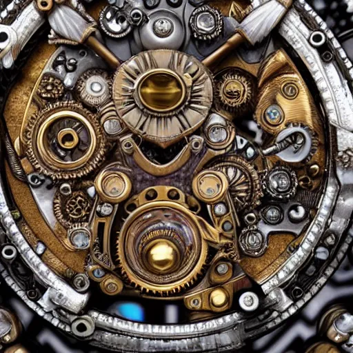 Image similar to A steampunk fox head with sparkling eyes made from ornate engraved full plate armor and Rolex gears and jewels and gems, macro shot by Justin Gerard, unreal engine, detailed, intricate, physically based rendering