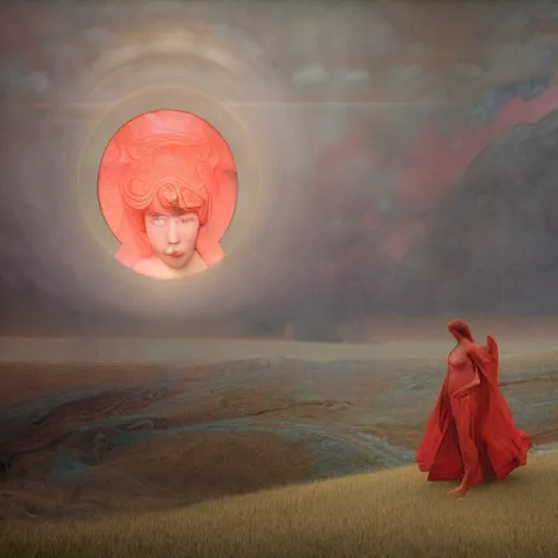 Image similar to Woman masterpiece, red, golden halo behind her head, by Edgar Maxence and Ross Tran, Zdzisław Beksiński, and Michael Whelan, distant, gustav dore, H.R. Giger, 8k, octane render