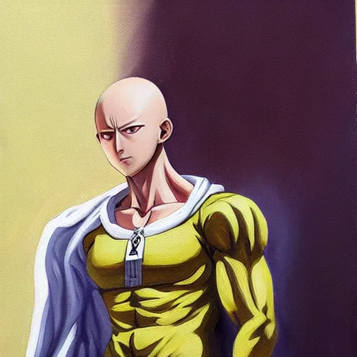 Prompt: a realistic oil painting of a live action saitama from one punch man. Many details, heroic pose
