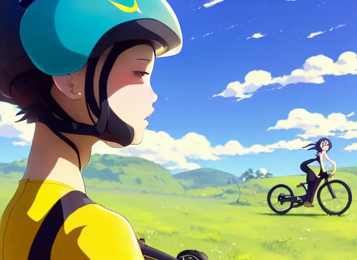 Prompt: side portrait of cute girl riding road bike, sunny sky background, lush landscape, illustration concept art anime key visual trending pixiv fanbox by wlop and greg rutkowski and makoto shinkai and studio ghibli and kyoto animation, symmetrical facial features, sports clothing, yellow helmet, nike cycling suit, backlit, aerodynamic frame, bike riding pose