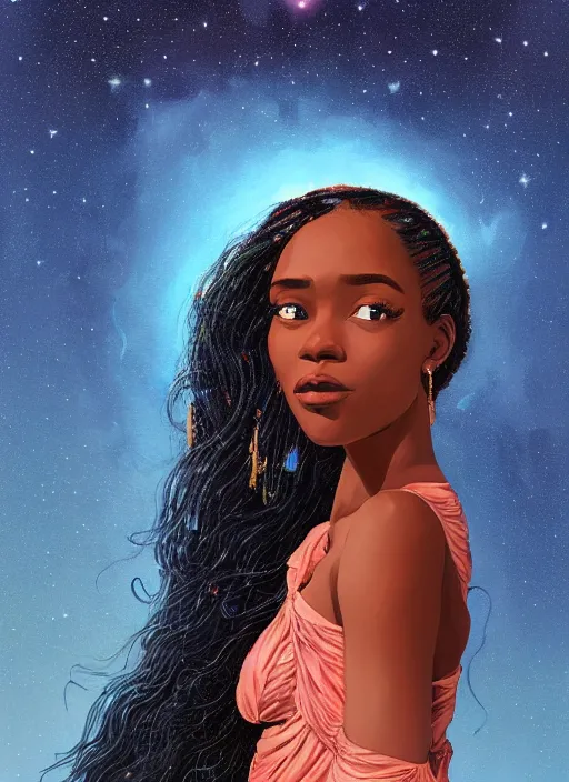 Prompt: full - length portrait of a young black woman with long flowing hair, wearing a flowing sundress, standing in front of a starry galaxy, detailed face, fantasy, cinematic lighting, digital art painting, fine details by realistic shaded lighting poster by ilya kuvshinov katsuhiro otomo, magali villeneuve, artgerm, jeremy lipkin and michael garmash and rob rey