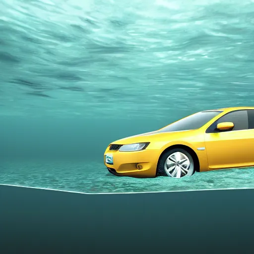 Image similar to hyperrealistic photo of a car underwater, 4 k, 8 k, thin film, full shot