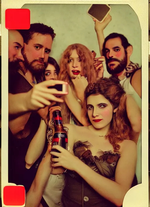 Prompt: polaroid by mucha, selfie, influencer, diaphanous, fashion, octoberfest, render, octane, detailed, award winning photography, masterpiece, of group of people very drunk dancing chaotic and giant like slowmotion nuclear exploding beer bottle in the middle,, dark backround, highly detailed, smooth, sharp focus, intricate,