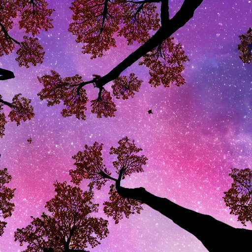 Image similar to peering upward toward a canopy of pink leaves against a starry night sky, realistic