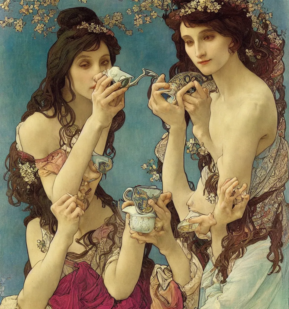 Prompt: a beautiful arrogant surreal greek lady drinking tea looking disdained, rennaisance painting, whimsical, pastel color palette, by leonardo da vinci and alphonse mucha