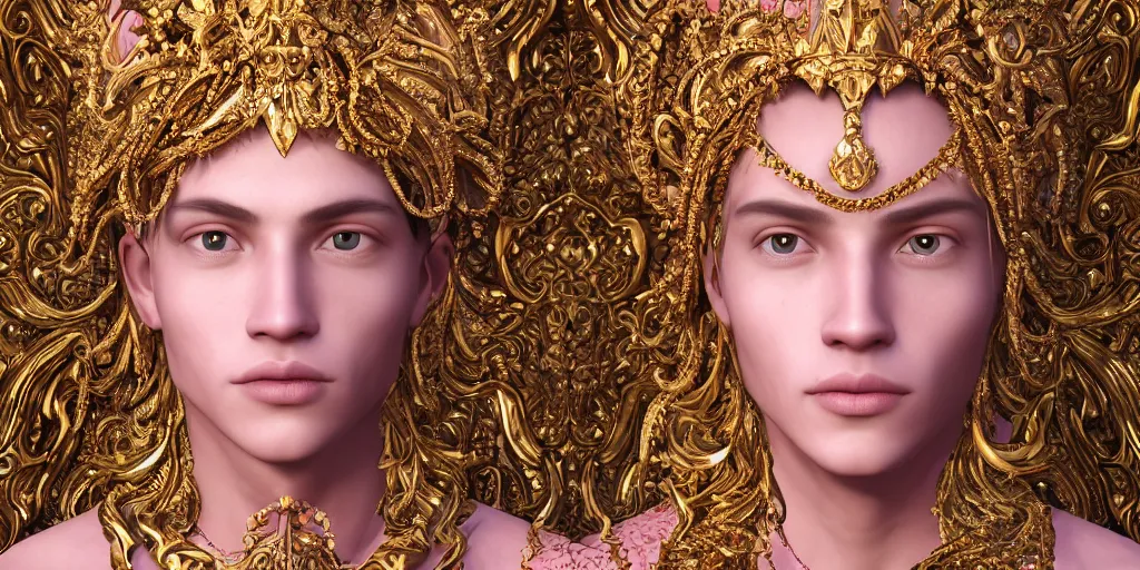 Image similar to dramatic studio portrait of a beautiful flawless symmetrical man wearing intricate otherworldly gold and white jewelry and wearing an ornate elegant pink headdress, hyper realism, very detailed, featured on zbrush central, rendered in cinema 4 d, minimalism, abstract art, f / 2. 8